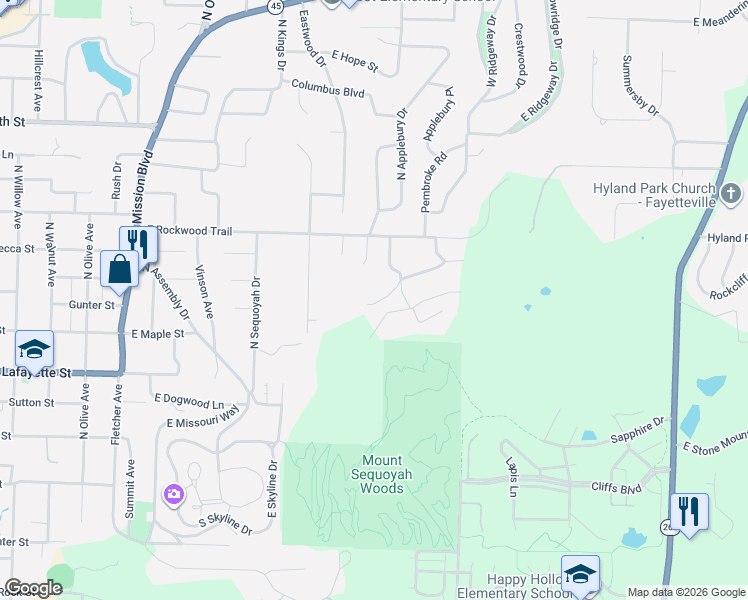 map of restaurants, bars, coffee shops, grocery stores, and more near 1607 East Anson Street in Fayetteville