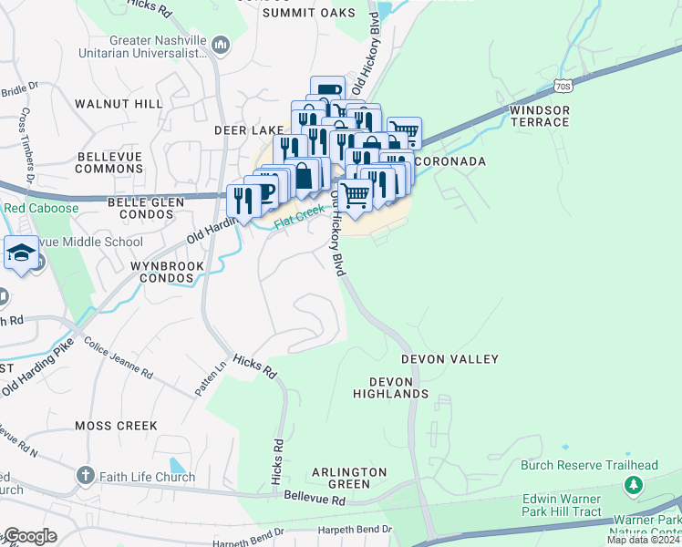 map of restaurants, bars, coffee shops, grocery stores, and more near 105 Old Hickory Boulevard in Nashville