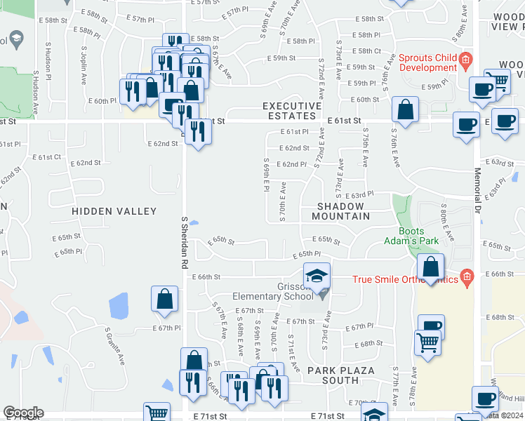 map of restaurants, bars, coffee shops, grocery stores, and more near 6344 South 69th East Place in Tulsa