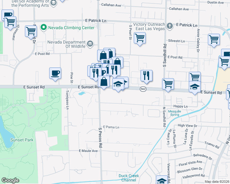 map of restaurants, bars, coffee shops, grocery stores, and more near 3540 Happy Lane in Las Vegas