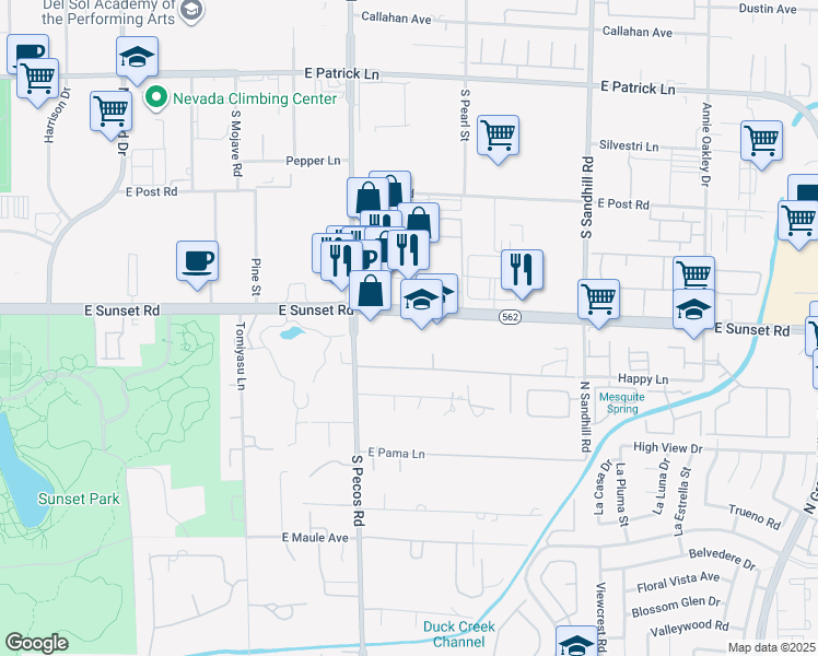 map of restaurants, bars, coffee shops, grocery stores, and more near 3515 Sunset Road in Las Vegas