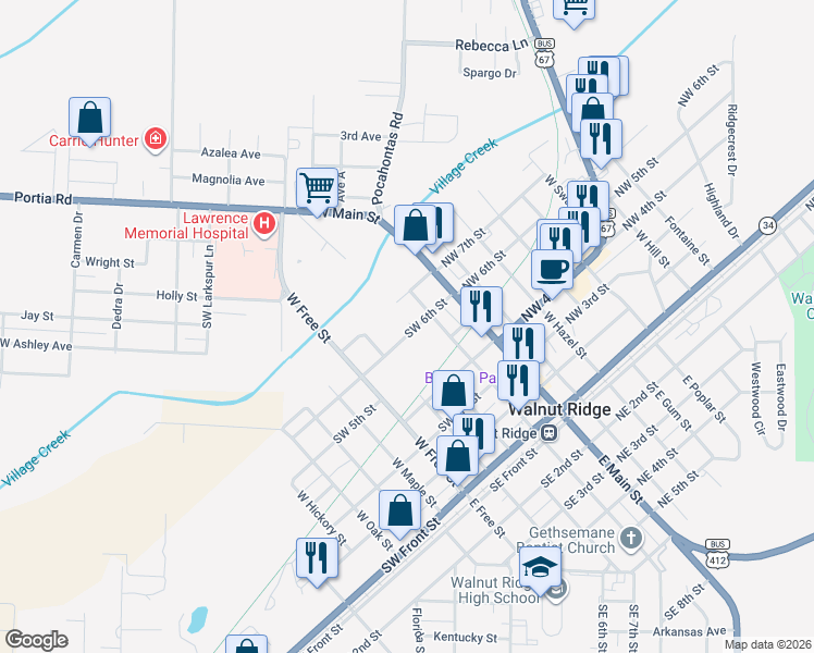 map of restaurants, bars, coffee shops, grocery stores, and more near 501 West Elm Street in Walnut Ridge