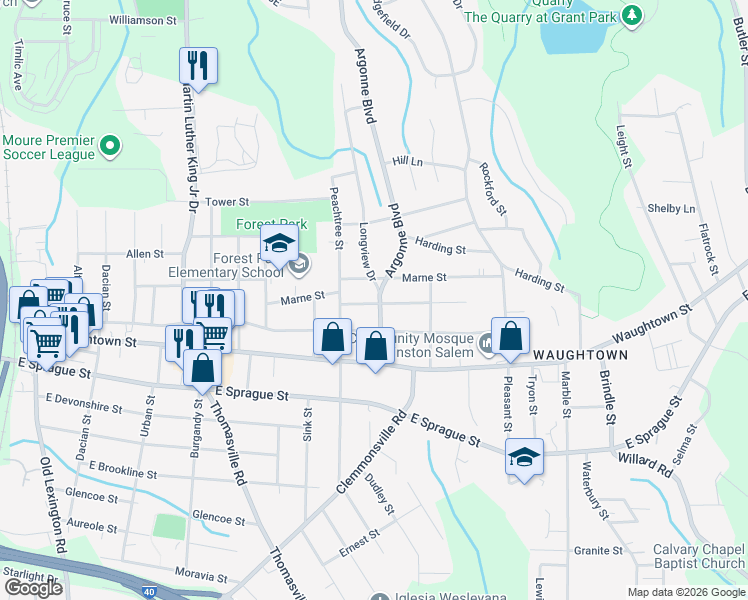 map of restaurants, bars, coffee shops, grocery stores, and more near 1908 Longview Drive in Winston-Salem