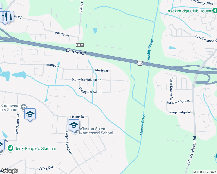map of restaurants, bars, coffee shops, grocery stores, and more near 1569 Trinity Garden Circle in Clemmons