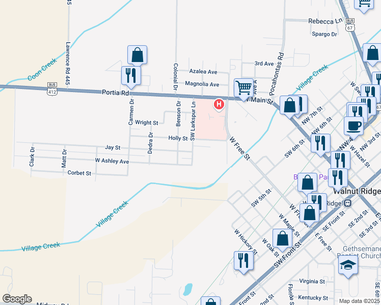 map of restaurants, bars, coffee shops, grocery stores, and more near 1404 West Ashley Avenue in Walnut Ridge