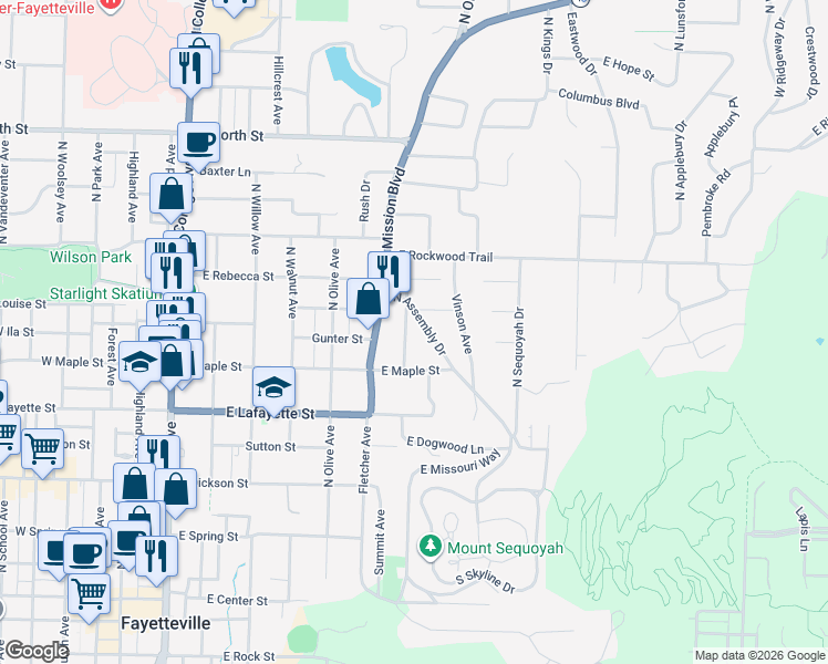 map of restaurants, bars, coffee shops, grocery stores, and more near 517 Fallin Avenue in Fayetteville