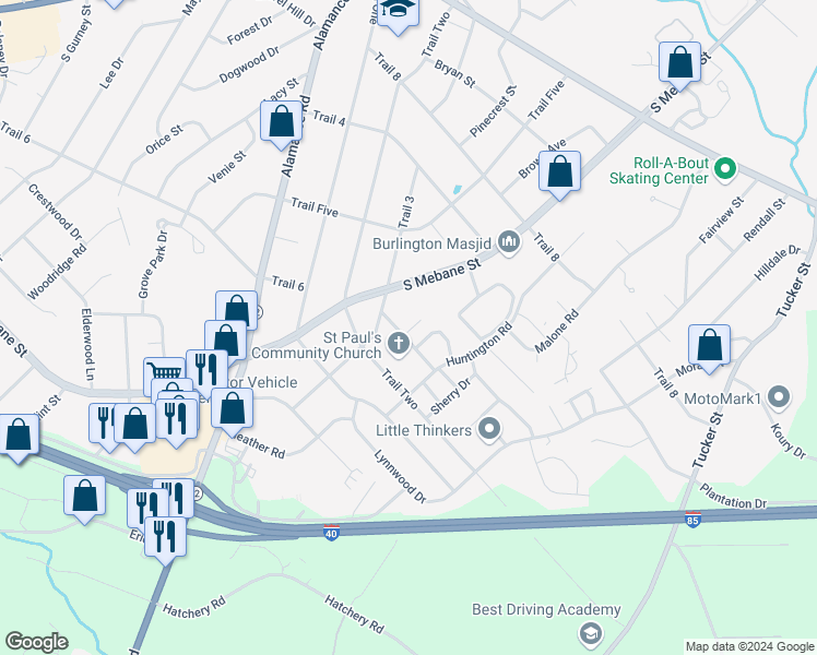 map of restaurants, bars, coffee shops, grocery stores, and more near 718 Shawnee Drive in Burlington