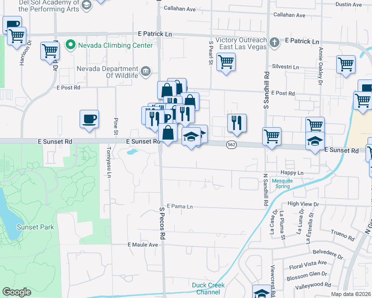 map of restaurants, bars, coffee shops, grocery stores, and more near 3540 Happy Lane in Las Vegas