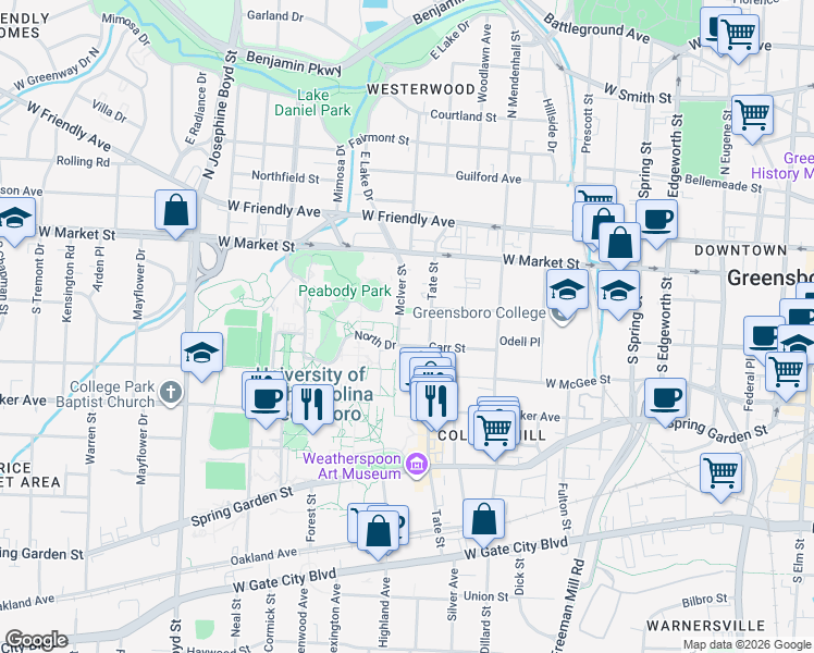 map of restaurants, bars, coffee shops, grocery stores, and more near 218 State Street in Greensboro