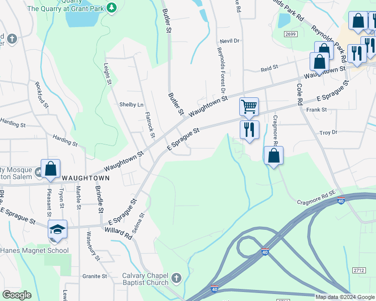 map of restaurants, bars, coffee shops, grocery stores, and more near 2220 Cline Street in Winston-Salem