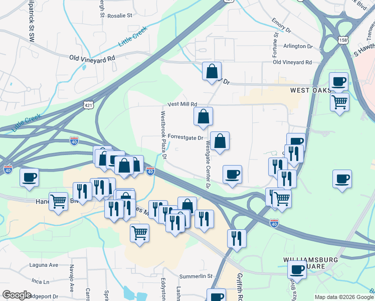 map of restaurants, bars, coffee shops, grocery stores, and more near 1541 Westbrook Plaza Drive in Winston-Salem