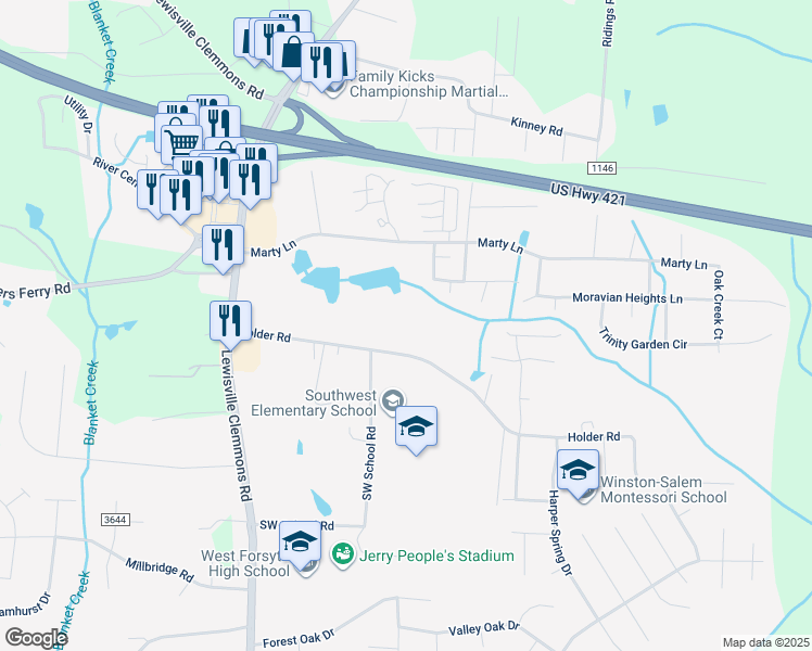 map of restaurants, bars, coffee shops, grocery stores, and more near 6401 Holder Road in Clemmons