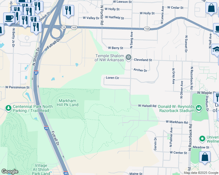 map of restaurants, bars, coffee shops, grocery stores, and more near 2123 Loren Circle in Fayetteville