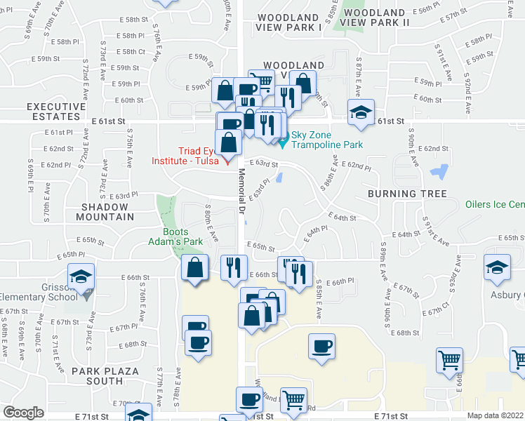 map of restaurants, bars, coffee shops, grocery stores, and more near 6372 South 84th East Avenue in Tulsa