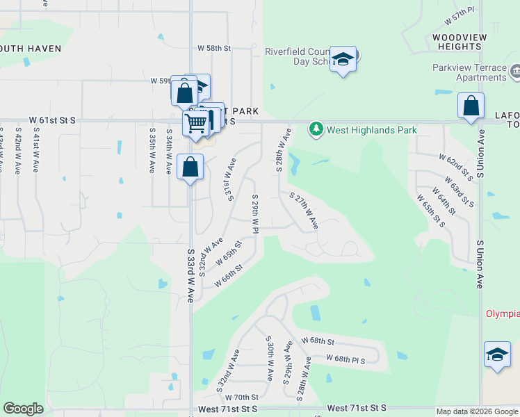 map of restaurants, bars, coffee shops, grocery stores, and more near 6377 South 29th West Place in Tulsa