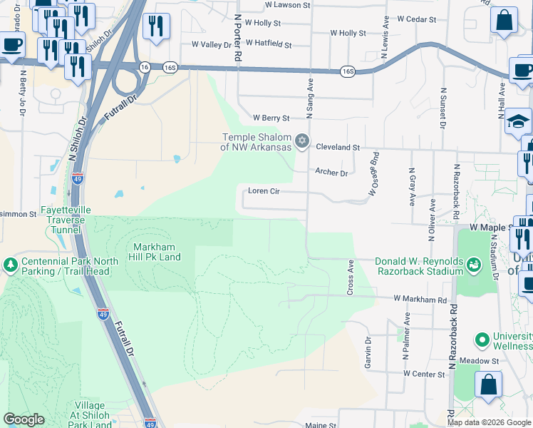 map of restaurants, bars, coffee shops, grocery stores, and more near 2113 Loren Circle in Fayetteville
