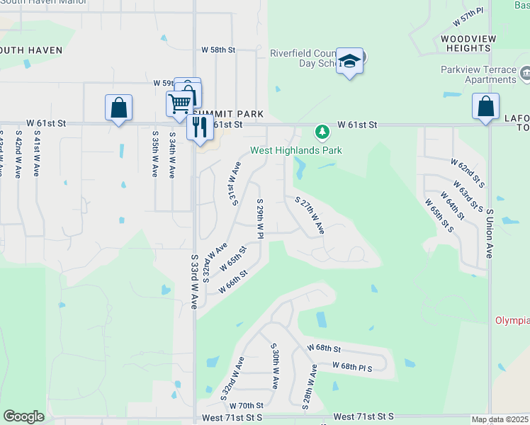 map of restaurants, bars, coffee shops, grocery stores, and more near 6377 South 29th West Place in Tulsa