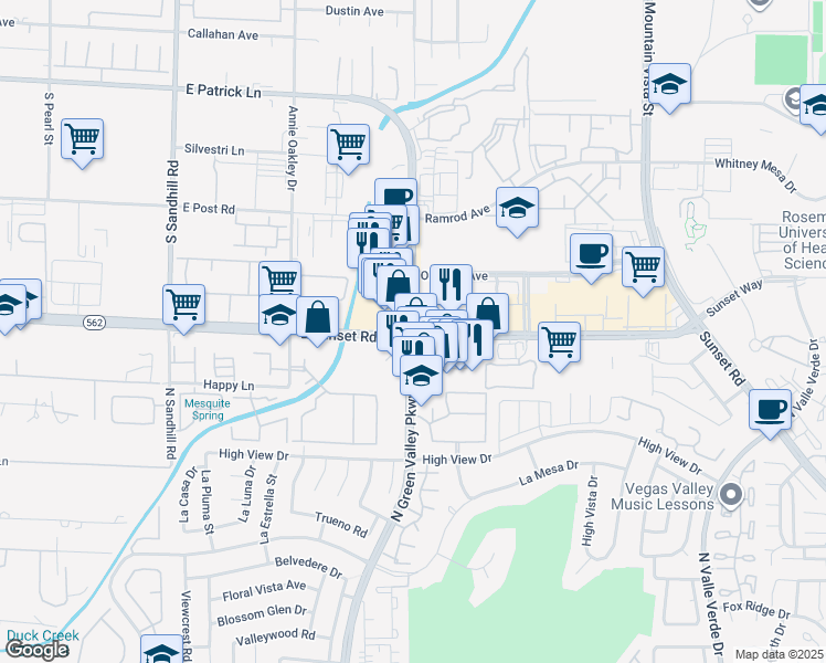 map of restaurants, bars, coffee shops, grocery stores, and more near 1895 North Green Valley Parkway in Henderson