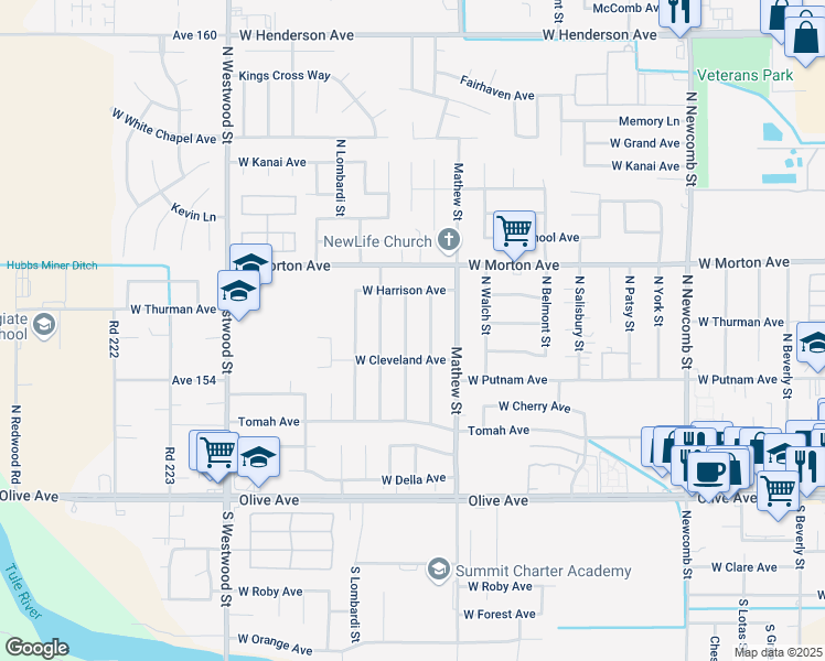 map of restaurants, bars, coffee shops, grocery stores, and more near 288 North Balmayne Street in Porterville