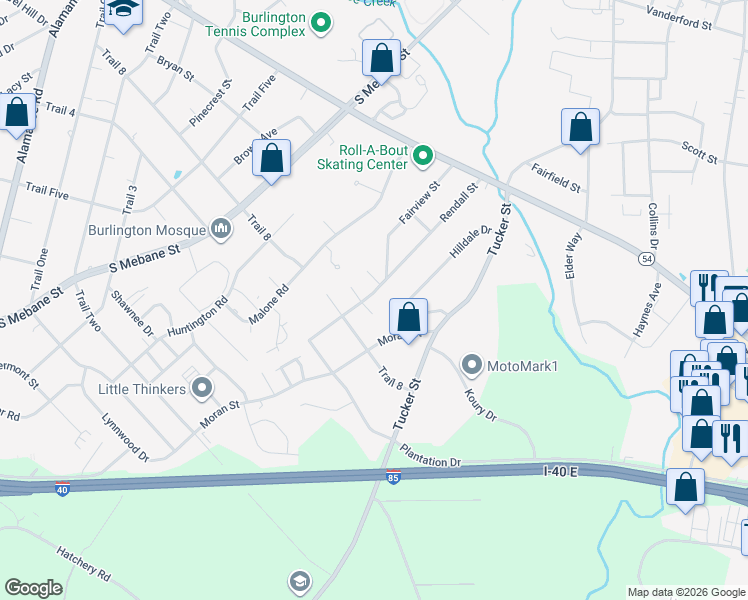 map of restaurants, bars, coffee shops, grocery stores, and more near 807 South Dale Court in Burlington