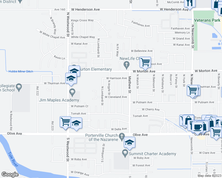 map of restaurants, bars, coffee shops, grocery stores, and more near 288 North Argyle Street in Porterville