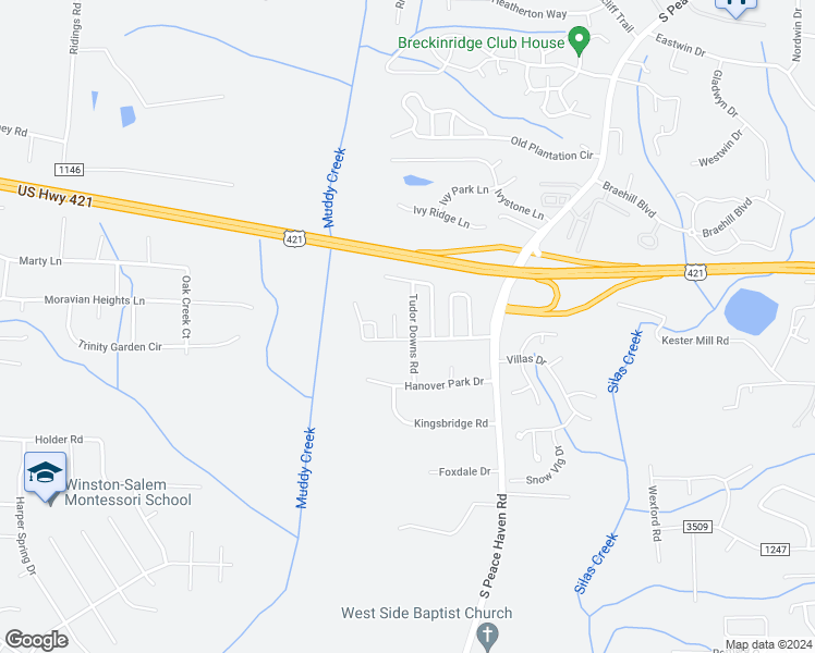 map of restaurants, bars, coffee shops, grocery stores, and more near 116 Tudor Downs Road in Winston-Salem