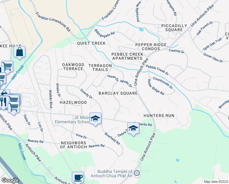 map of restaurants, bars, coffee shops, grocery stores, and more near 4748 Apollo Drive in Nashville
