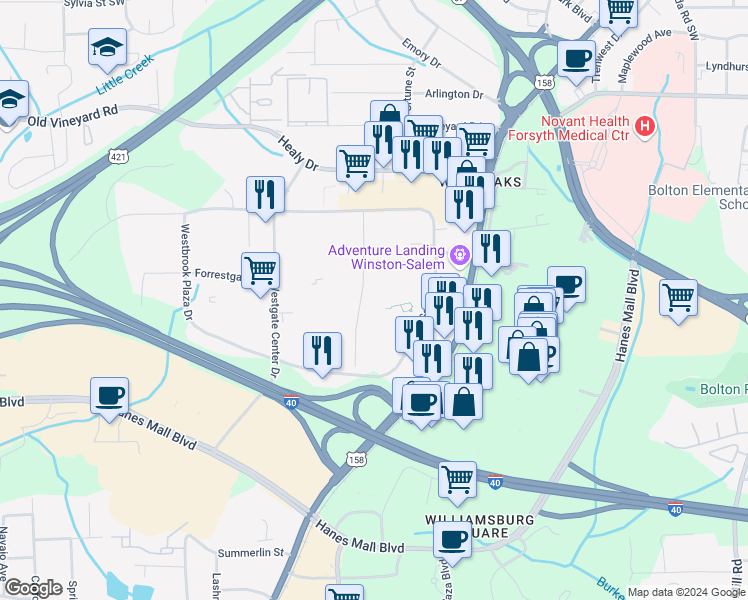 map of restaurants, bars, coffee shops, grocery stores, and more near 1425 Hannaford Road in Winston-Salem