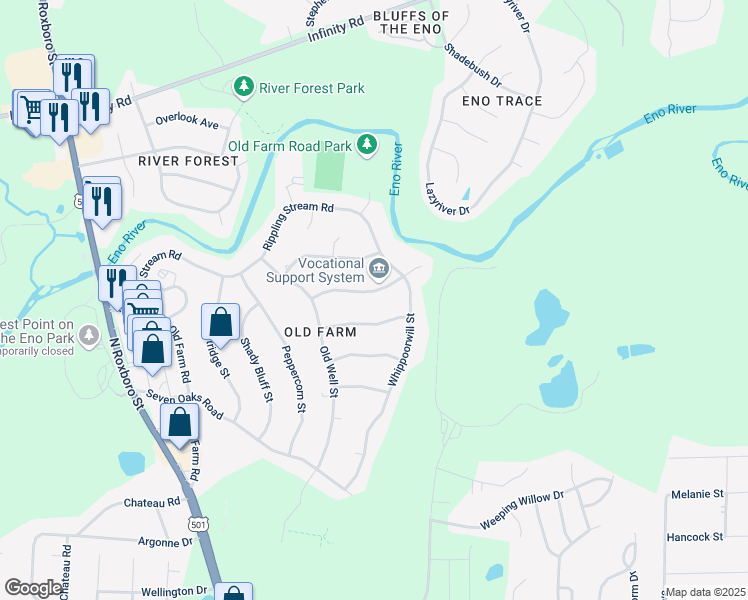 map of restaurants, bars, coffee shops, grocery stores, and more near 704 Wheat Mill Road in Durham