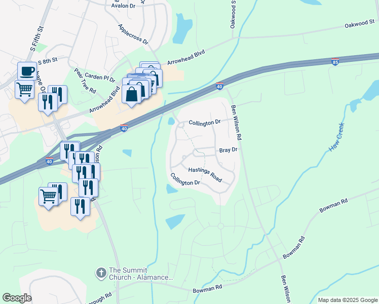 map of restaurants, bars, coffee shops, grocery stores, and more near 300 Sutton Place in Mebane
