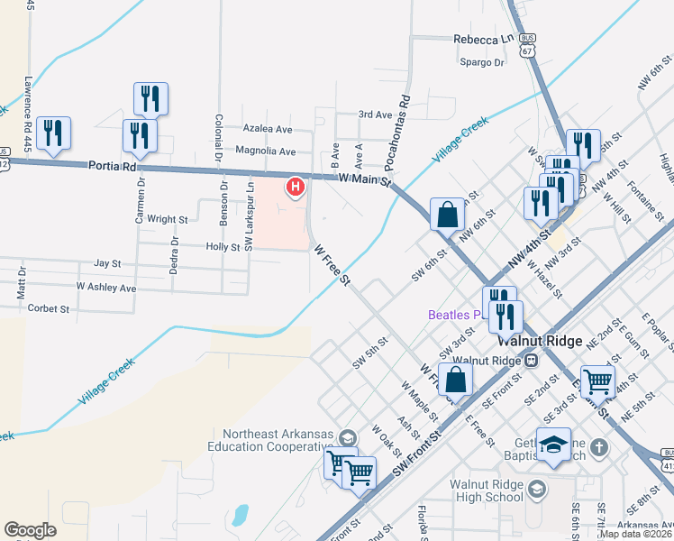 map of restaurants, bars, coffee shops, grocery stores, and more near 941 West Free Street in Walnut Ridge
