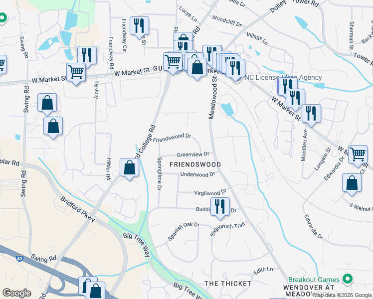 map of restaurants, bars, coffee shops, grocery stores, and more near 5711 Greenview Drive in Greensboro