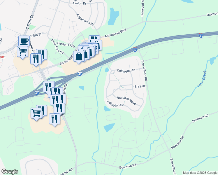 map of restaurants, bars, coffee shops, grocery stores, and more near 509 Collington Drive in Mebane