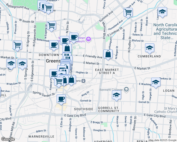 map of restaurants, bars, coffee shops, grocery stores, and more near 304 Hughes Street in Greensboro