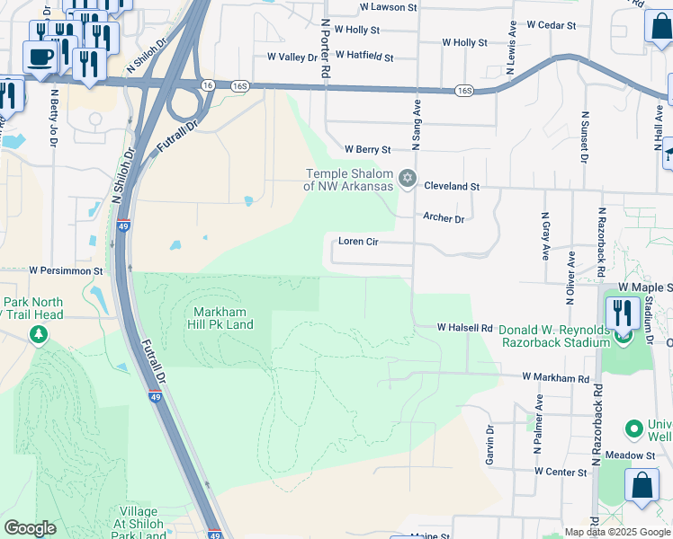 map of restaurants, bars, coffee shops, grocery stores, and more near 2123 Loren Circle in Fayetteville