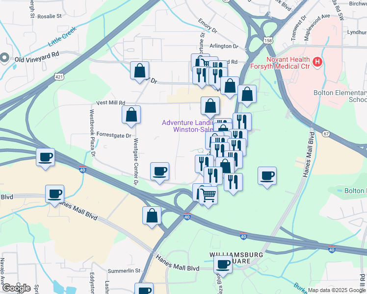 map of restaurants, bars, coffee shops, grocery stores, and more near 1425 Hannaford Road in Winston-Salem