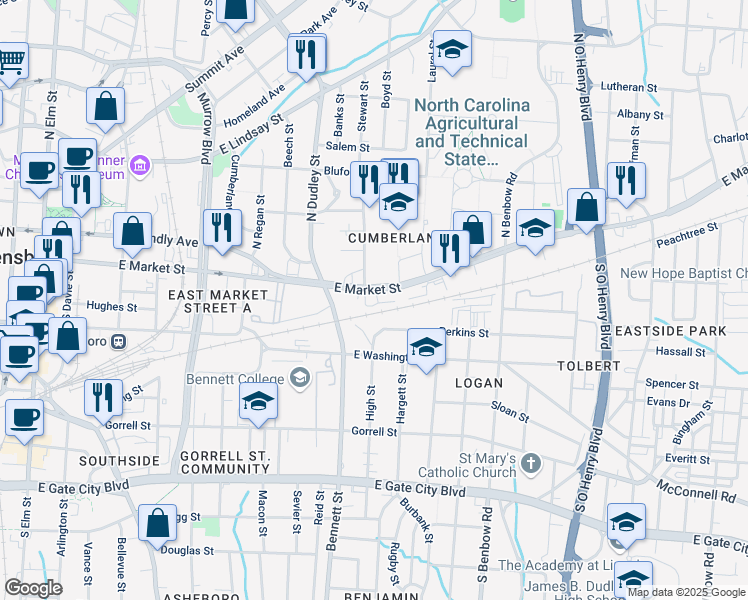 map of restaurants, bars, coffee shops, grocery stores, and more near 1116 East Market Street in Greensboro