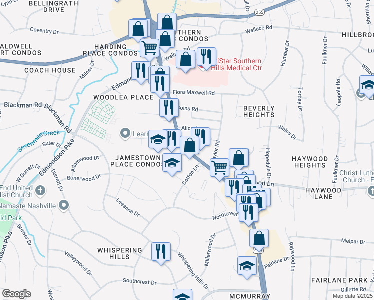 map of restaurants, bars, coffee shops, grocery stores, and more near 4529 Nolensville Road in Nashville