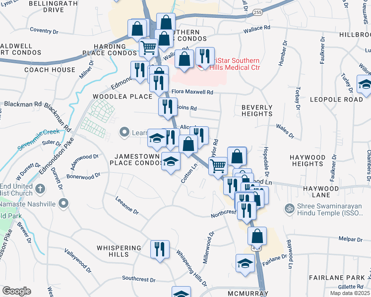 map of restaurants, bars, coffee shops, grocery stores, and more near 4529 Nolensville Road in Nashville