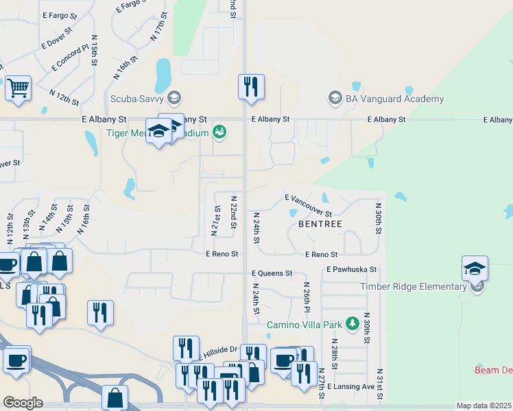 map of restaurants, bars, coffee shops, grocery stores, and more near 2000 North 24th Street in Broken Arrow