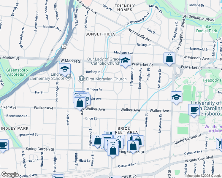 map of restaurants, bars, coffee shops, grocery stores, and more near 308 Waverly Way in Greensboro