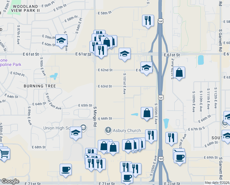 map of restaurants, bars, coffee shops, grocery stores, and more near 6404 South 101st East Avenue in Tulsa