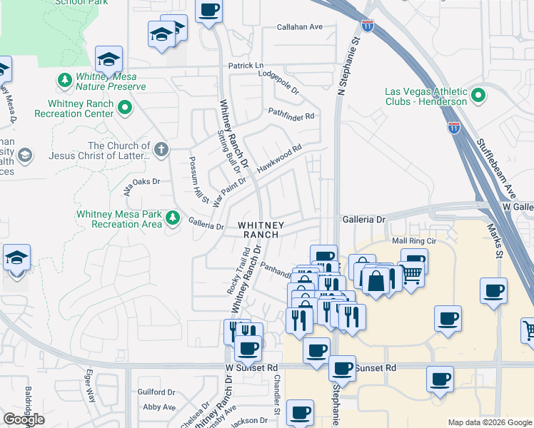 map of restaurants, bars, coffee shops, grocery stores, and more near 1493 Powder Horn Drive in Henderson