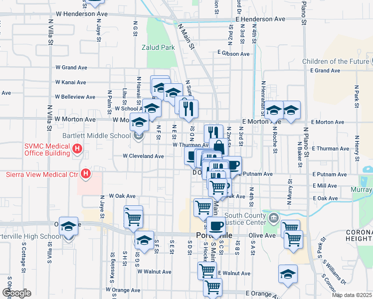 map of restaurants, bars, coffee shops, grocery stores, and more near 257 North D Street in Porterville