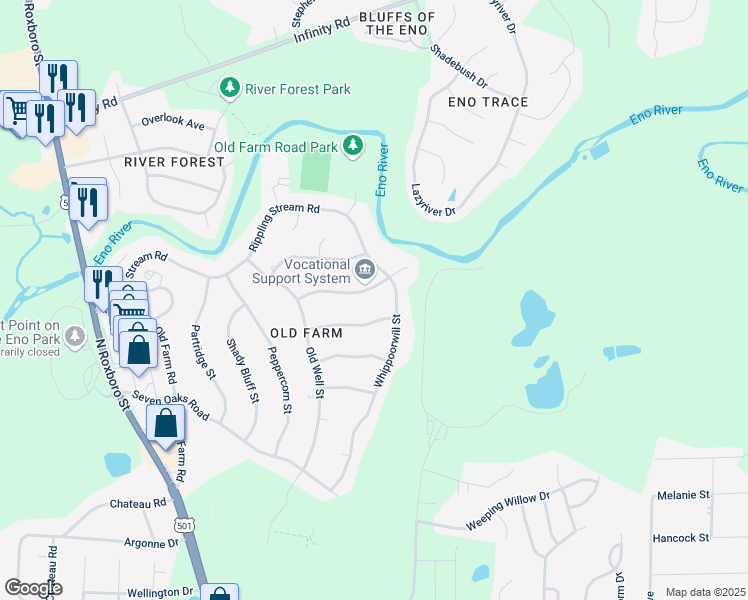 map of restaurants, bars, coffee shops, grocery stores, and more near 5419 Whippoorwill Street in Durham