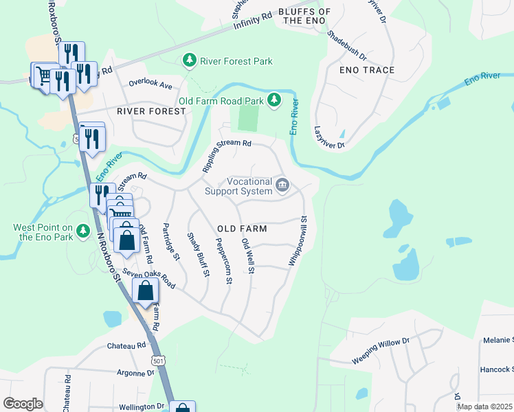 map of restaurants, bars, coffee shops, grocery stores, and more near 607 Old Barn Avenue in Durham