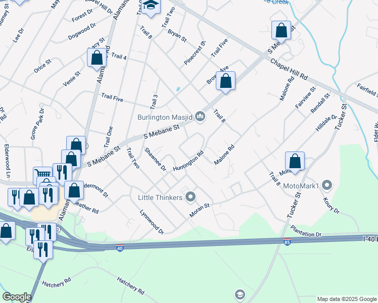 map of restaurants, bars, coffee shops, grocery stores, and more near 2313 Huntington Road in Burlington