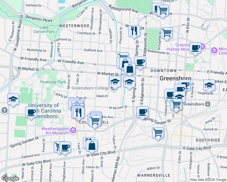 map of restaurants, bars, coffee shops, grocery stores, and more near 815 West Market Street in Greensboro