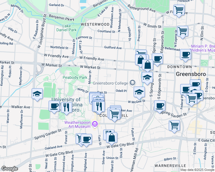 map of restaurants, bars, coffee shops, grocery stores, and more near 930 Carr Street in Greensboro