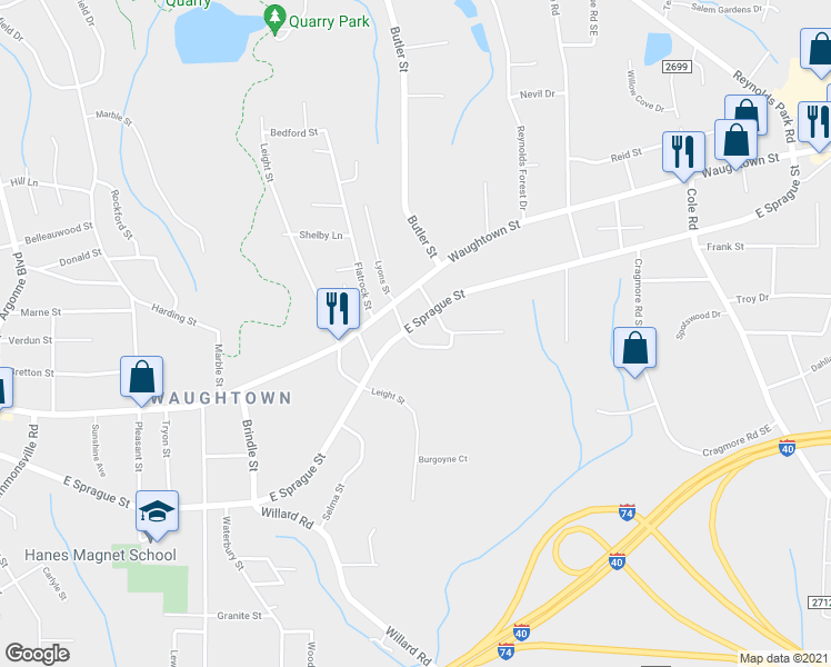 map of restaurants, bars, coffee shops, grocery stores, and more near 2108 East Sprague Street in Winston-Salem